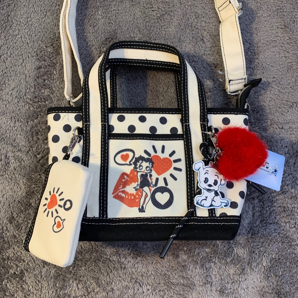 Betty Boop Canvas Mini Tote Bag Polka Dot Crossbody with Pouch and Charms NEW